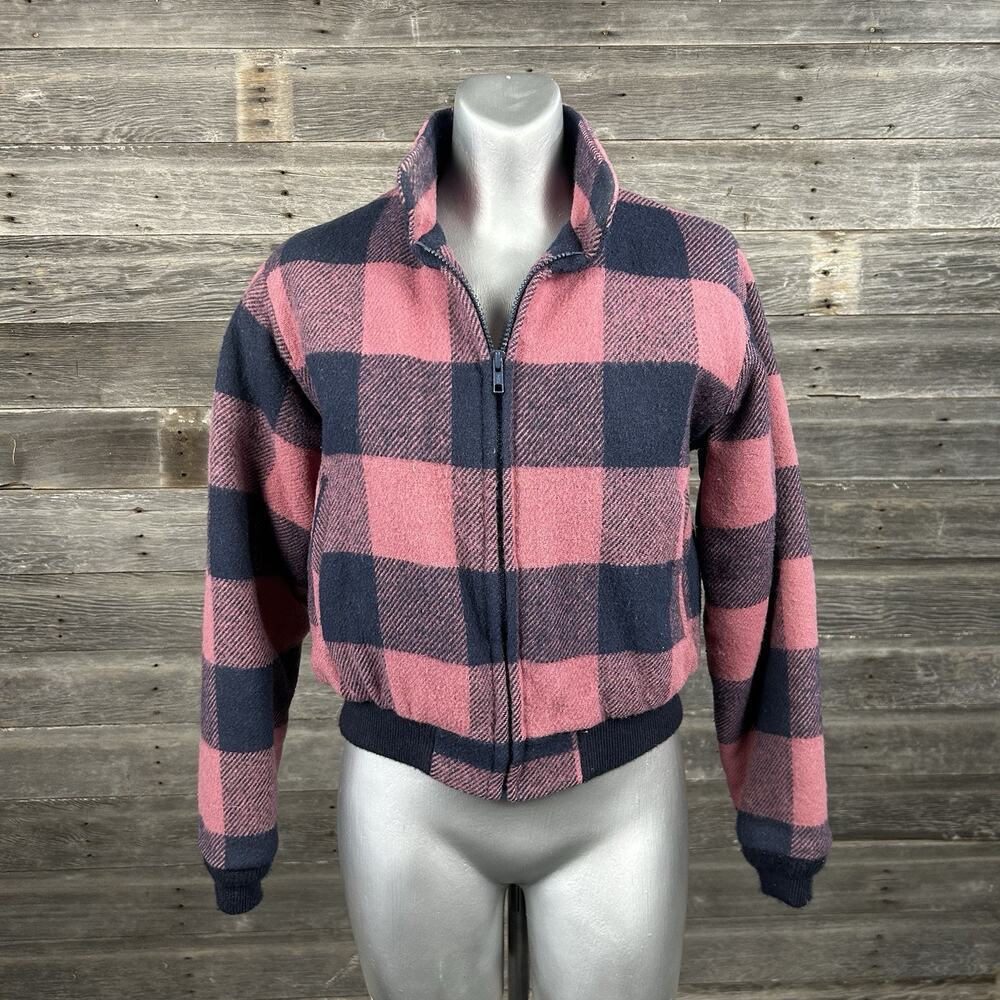 Woolrich Pink Blue Plaid Zip Bomber Jacket USA Made Women’s Large (Small Fit) - Picture 3 of 6